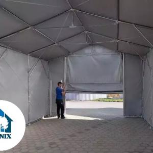 Professzionális raktársátor ipari sátor 6 × 12 m, 72 m² alapterülettel, 4,00 m oldalmagassággal, felhúzható kapuval, személyi bejárattal, szürke PVC ponyvával
