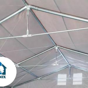 Professzionális raktársátor ipari sátor 6 × 12 m, 72 m² alapterülettel, 4,00 m oldalmagassággal, felhúzható kapuval, személyi bejárattal, szürke PVC ponyvával