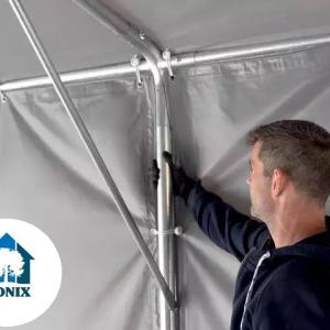 Professzionális raktársátor ipari sátor 6 × 12 m, 72 m² alapterülettel, 4,00 m oldalmagassággal, felhúzható kapuval, személyi bejárattal, szürke PVC ponyvával