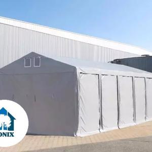 Professzionális raktársátor ipari sátor 6 × 12 m, 72 m² alapterülettel, 4,00 m oldalmagassággal, két standard cipzáras bejárattal, szürke PVC ponyvával