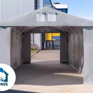 Professzionális raktársátor ipari sátor 6 × 12 m, 72 m² alapterülettel, 4,00 m oldalmagassággal, két standard cipzáras bejárattal, szürke PVC ponyvával