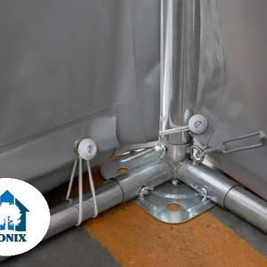 Professzionális raktársátor ipari sátor 6 × 12 m, 72 m² alapterülettel, 4,00 m oldalmagassággal, két standard cipzáras bejárattal, szürke PVC ponyvával