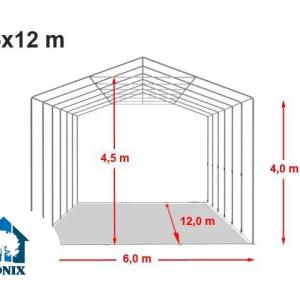 Professzionális raktársátor ipari sátor 6 × 12 m, 72 m² alapterülettel, 4,00 m oldalmagassággal, két standard cipzáras bejárattal, szürke PVC ponyvával