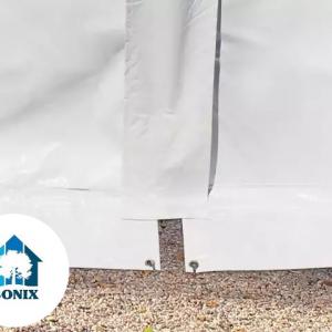 Professzionális raktársátor, ipari sátor 6 × 24 m, 144 m² alapterülettel, 2,60 m oldalmagasság,horganyzott acélszerkezettel, padlókerettel, két cipzáras bejárattal fehér, lángálló PVC ponyvával