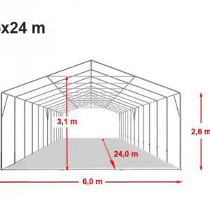 Professzionális raktársátor, ipari sátor 6 × 24 m, 144 m² alapterülettel, 2,60 m oldalmagasság,horganyzott acélszerkezettel, padlókerettel, két cipzáras bejárattal fehér, lángálló PVC ponyvával