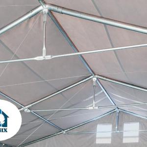 Professzionális raktársátor ipari sátor 8 × 12 m, 96 m² alapterülettel, 4,00 m oldalmagassággal, horganyzott acélvázzal, felhúzható kapuval, cipzáras bejárattal, személyi ajtóval, szürke PVC ponyvával