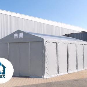 Professzionális raktársátor ipari sátor 8 × 12 m, 96 m² alapterülettel, 4,00 m oldalmagassággal, horganyzott acélvázzal, tolókapuval, cipzáras bejárattal, tetőablakokkal és szürke PVC ponyvával