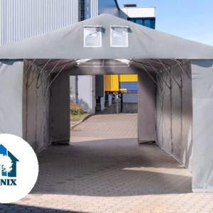 Professzionális raktársátor ipari sátor 8 × 12 m, 96 m² alapterülettel, 4,00 m oldalmagassággal, horganyzott acélvázzal, tolókapuval, cipzáras bejárattal, tetőablakokkal és szürke PVC ponyvával