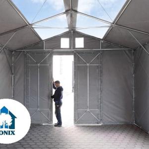 Professzionális raktársátor ipari sátor 8 × 12 m, 96 m² alapterülettel, 4,00 m oldalmagassággal, horganyzott acélvázzal, tolókapuval, cipzáras bejárattal, tetőablakokkal és szürke PVC ponyvával