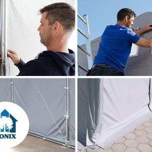 Professzionális raktársátor ipari sátor 8 × 12 m, 96 m² alapterülettel, 4,00 m oldalmagassággal, horganyzott acélvázzal, tolókapuval, cipzáras bejárattal, tetőablakokkal és szürke PVC ponyvával