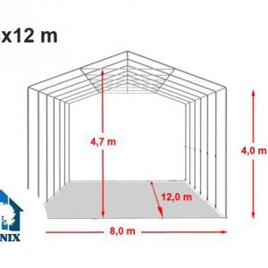 Professzionális raktársátor ipari sátor 8 × 12 m, 96 m² alapterülettel, 4,00 m oldalmagassággal, horganyzott acélvázzal, tolókapuval, cipzáras bejárattal, tetőablakokkal és szürke PVC ponyvával