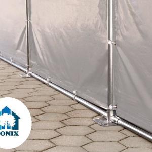 Professzionális raktársátor ipari sátor 8 × 12 m, 96 m² alapterülettel, 4,00 m oldalmagassággal, horganyzott acélvázzal, tolókapuval, cipzáras bejárattal, tetőablakokkal és szürke PVC ponyvával