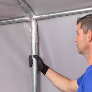 Professzionális raktársátor  ipari sátor 8 × 24 m, 192 m² alapterülettel, 4,00 m oldalmagassággal, két cipzáras bejárattal, tetőablakokkal, szürke PVC ponyvával