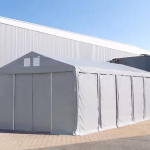 Professzionális raktársátor, ipari sátor 8 × 8 m – 64 m², 4,00 m oldalmagassággal, tolókapuval, szürke PVC ponyvával és extra megerősített horganyzott acélszerkezettel