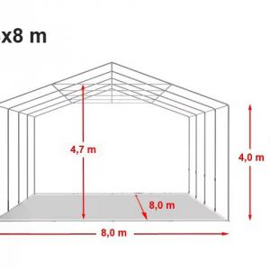 Professzionális raktársátor, ipari sátor 8 × 8 m – 64 m², 4,00 m oldalmagassággal, tolókapuval, szürke PVC ponyvával és extra megerősített horganyzott acélszerkezettel