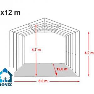 Professzionális raktársátor ipari sátor 8x12m  oldalmagasság 4,00m standard ajtó, ponyva PVC szürke