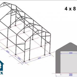 Professzionális raktársátor, ipari sátor, csarnoksátor 4x8x3m bejárat mérete 4x4,4 m  ponyva tűzálló PVC statikai megerősítéssel