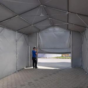 Professzionális raktársátor, ipari sátor, tároló sátor  8x24m  oldalmagasság 4,00m felhúzható kapu, ponyva PVC szürke