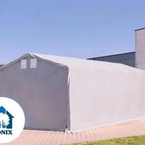 Professzionális raktársátor  ponyvacsarnok 8 × 10 m, 80 m² alapterülettel, 4,00 m oldalmagassággal, cipzáras bejáratokkal, szürke PVC ponyvával