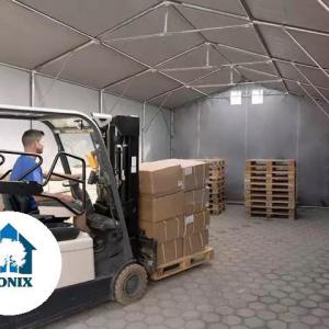 Professzionális raktársátor  ponyvacsarnok 8 × 10 m, 80 m² alapterülettel, 4,00 m oldalmagassággal, cipzáras bejáratokkal, szürke PVC ponyvával