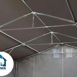 Professzionális raktársátor  ponyvacsarnok 8 × 10 m, 80 m² alapterülettel, 4,00 m oldalmagassággal, cipzáras bejáratokkal, szürke PVC ponyvával