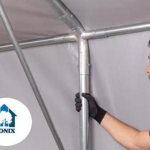 Professzionális raktársátor  ponyvacsarnok 8 × 10 m, 80 m² alapterülettel, 4,00 m oldalmagassággal, cipzáras bejáratokkal, szürke PVC ponyvával