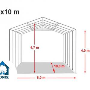 Professzionális raktársátor  ponyvacsarnok 8 × 10 m, 80 m² alapterülettel, 4,00 m oldalmagassággal, cipzáras bejáratokkal, szürke PVC ponyvával
