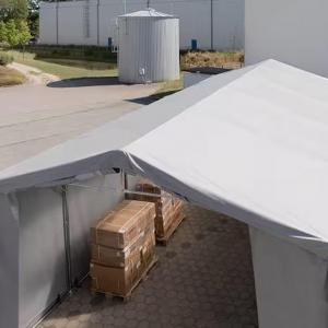 Professzionális raktársátor  ponyvacsarnok 8 × 10 m, 80 m² alapterülettel, 4,00 m oldalmagassággal, cipzáras bejáratokkal, szürke PVC ponyvával