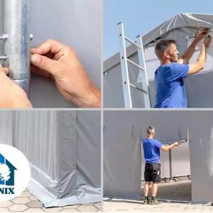 Professzionális raktársátor PVC ponyvacsarnok 3×6 m, 18 m², 3,00 m oldalmagassággal, lángálló PRIMEtex ponyvával, cipzáras kapuval és teljesen horganyzott acélvázzal – zöld