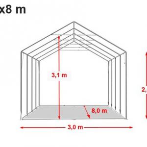 Professzionális raktársátor, tároló sátor 3x8m ponyva PVC fehér +2,6 m oldalfalmagasság erősített szerkezet