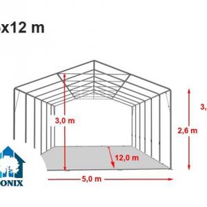 Professzionális raktársátor, tároló sátor 5x12m ponyva tűzálló PVC  oldalfalmagasság +2,6 m  erősített szerkezet fehér
