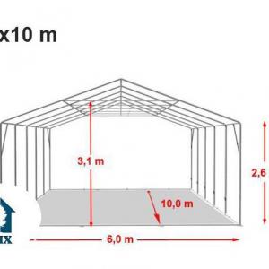 Professzionális raktársátor, tároló sátor 6x10m ponyva PVC oldalmagasság 2,6 m + padlókerettel, erősített szerkezettel fehér