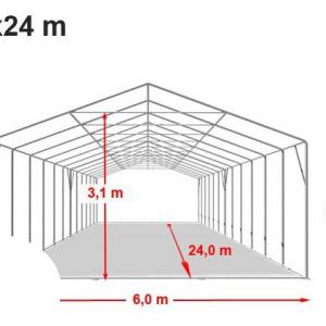 Professzionális raktársátor, tároló sátor 6x24m ponyva PVC  oldalfalmagasság +2,6 m erősített szerkezet fehér