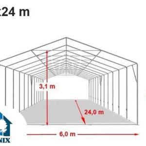 Professzionális raktársátor, tároló sátor 6x24m ponyva PVC  oldalfalmagasság  +2,6 m erősített szerkezet zöld