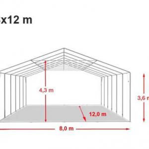 Professzionális raktársátor, tároló sátor 8x12m oldalmagasság 3,60 m ponyva PVC szürke (96m2)