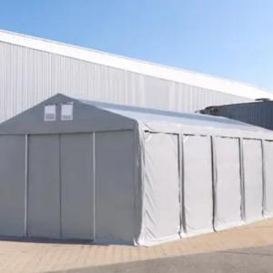 Professzionális raktársátor, tároló sátor 8x12m oldalmagasság 3,60 m ponyva PVC szürke (96m2) TETŐABLAKKAL, TOLÓKAPUVAL