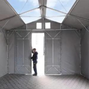 Professzionális raktársátor, tároló sátor 8x12m oldalmagasság 3,60 m ponyva PVC szürke (96m2) TETŐABLAKKAL, TOLÓKAPUVAL