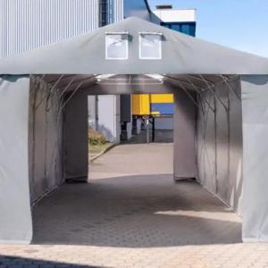 Professzionális raktársátor, tároló sátor 8x12m oldalmagasság 3,60 m ponyva PVC szürke (96m2) TETŐABLAKKAL, TOLÓKAPUVAL