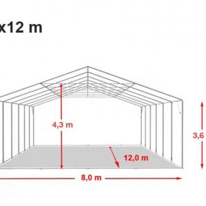 Professzionális raktársátor, tároló sátor 8x12m oldalmagasság 3,60 m ponyva PVC szürke (96m2) TETŐABLAKKAL, TOLÓKAPUVAL