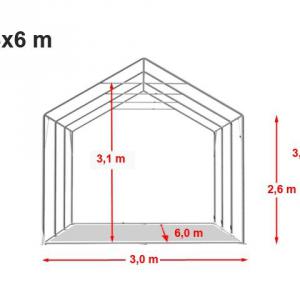 Professzionális raktársátor tárolósátor 3 × 6 m, 18 m², 2,60 m oldalmagassággal, megerősített horganyzott acélvázzal, padlókerettel, két cipzáras bejárattal fehér PVC ponyváva