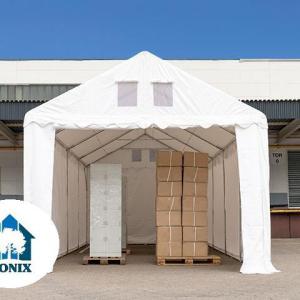 Professzionális raktársátor tárolósátor 3 × 6 m, 18 m² alapterülettel, 2,60 m oldalmagassággal, megerősített, horganyzott acélszerkezettel, padlókerettel, két cipzáras bejárattal zöld PVC ponyvával