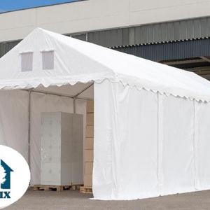 Professzionális raktársátor tárolósátor 3 × 8 m, 24 m² alapterülettel, 2,60 m oldalmagassággal, megerősített, horganyzott acélszerkezettel, padlókerettel, két cipzáras bejárattal fehér PVC ponyvával