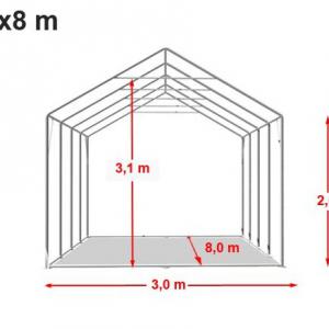 Professzionális raktársátor tárolósátor 3 × 8 m, 24 m² alapterülettel, 2,60 m oldalmagassággal, megerősített, horganyzott acélszerkezettel, padlókerettel, két cipzáras bejárattal fehér PVC ponyvával