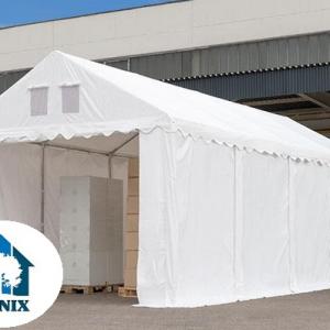 Professzionális raktársátor tárolósátor 4 × 10 m, 40 m² alapterülettel, 2,60 m oldalmagassággal, megerősített, horganyzott acélszerkezettel, padlókerettel, két cipzáras bejárattal fehér PVC ponyvával