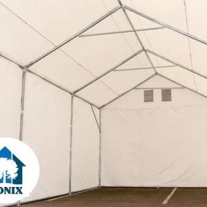Professzionális raktársátor tárolósátor 4 × 10 m, 40 m² alapterülettel, 2,60 m oldalmagassággal, megerősített, horganyzott acélszerkezettel, padlókerettel, két cipzáras bejárattal fehér PVC ponyvával