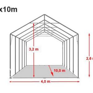 Professzionális raktársátor tárolósátor 4 × 10 m, 40 m² alapterülettel, 2,60 m oldalmagassággal, megerősített, horganyzott acélszerkezettel, padlókerettel, két cipzáras bejárattal fehér PVC ponyvával