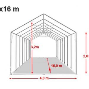 Professzionális raktársátor tárolósátor 4 × 16 m, 64 m², 2,60 m oldalmagassággal, megerősített horganyzott acélvázzal, padlókerettel, két cipzáras bejárattal  PVC ponyvával
