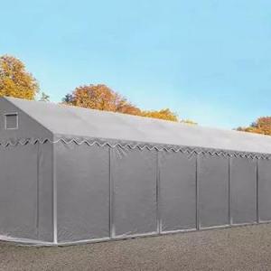 Professzionális raktársátor tárolósátor 4 × 16 m, 64 m², 2,60 m oldalmagassággal, megerősített horganyzott acélvázzal, padlókerettel, két cipzáras bejárattal  PVC ponyvával