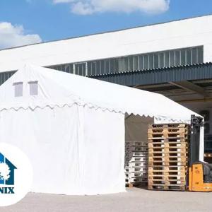 Professzionális raktársátor  tárolósátor 4 × 8 m, 32 m² alapterülettel, 2,60 m oldalmagassággal, megerősített, horganyzott acélszerkezettel, cipzáras bejáratokkal fehér PVC ponyvával