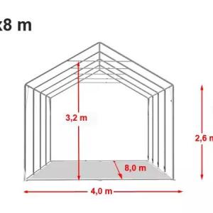 Professzionális raktársátor  tárolósátor 4 × 8 m, 32 m² alapterülettel, 2,60 m oldalmagassággal, megerősített, horganyzott acélszerkezettel, cipzáras bejáratokkal fehér PVC ponyvával
